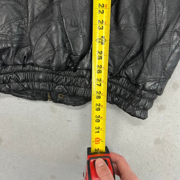 Vintage Mens Black Patchwork Leather Bomber Jacket God Bless America Eagle Large - Picture 10 of 12